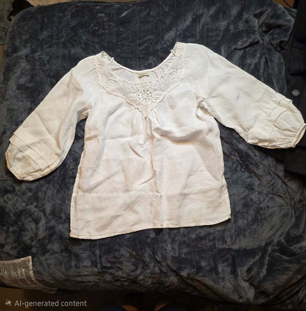 Laura Bianchi White Linen Blouse With Crochet Neckline Size S